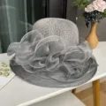 Grey organza floral bucket hat for women summer outdoor sun protection breathable beach sunhat - M (56-58cm) / Gray
