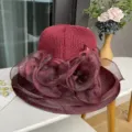 Wine red organza flower bucket hat for women, elegant sun protection beach hat for summer. - M (56-58cm) / Burgundy