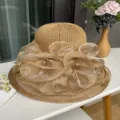 Womens summer straw sun hat with large organza ruffles, stylish beach basin hat for outdoor. - M (56-58cm) / Khaki