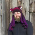 Handcrafted crochet octopus hat with tentacles funny woolen cap for party warm winter - One Size / Red & Deep Purple
