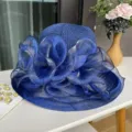 Chapeau cloche floral en organza bleu, chapeau de plage d'ete anti-uv respirant. - M (56-58cm) / Bleu Marine