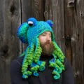 Handmade crochet octopus hat funny novelty green blue beanie funny party costume headwear. - One Size / Cyan