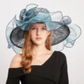 Elegant organza lace sun hat for women, wide brim beach hat for summer travel and outdoor. - Adjustable / Blue Gray