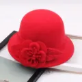 Red wool felt cloche hat for women, elegant floral bucket hat with 3D flower for winter season - M (56-58cm) / Solid Large Flower - Red