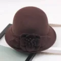 Women brown wool felt cloche hat winter retro dome fedora hat with 3d flower decoration. - M (56-58cm) / Solid Large Flower - Coffee