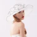 Elegant white organza vintage floral sun hat for women with wide brim dress hat design. - Adjustable / White with Black Edge