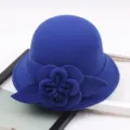 Close up of blue wool cloche hat detail featuring a chic three dimensional felt flower design. - M (56-58cm) / Solid Large Flower - Royal Blue