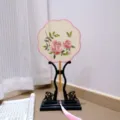 Traditional Chinese embroidered hand fan with stand, elegant pink rose design for Hanfu decor. - 8