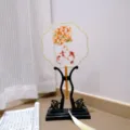 Traditional Chinese embroidered round fan with tassel and stand, perfect Hanfu photo prop decor. - 9