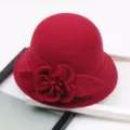 Detailed close-up of a women wool felt cloche hat featuring 3D floral decoration in red color. - M (56-58cm) / Solid Large Flower - Burgundy