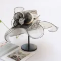 Elegant organza flat top sun hat for women with lace floral decor, perfect for travel beach and photos. - Adjustable / Beige