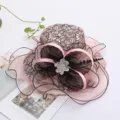 Women pink black lace sun hat organza flat top sunhat floral beach vacation sun protection - Adjustable / Light Pink