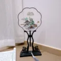 Traditional Chinese embroidered round fan with wooden stand and tassel, ancient style. - 5