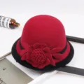 Women red wool felt cloche hat winter vintage dome basin hat with 3D flower decoration. - M (56-58cm) / Edged Rose-Wine Red