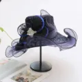 Dark blue organza lace sun hat for women wide brim elegant sun protection hat for summer travel - Adjustable / Navy Blue