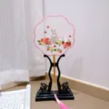 Traditional Chinese embroidered round fan with rabbit and strawberry design, wooden stand. - 11