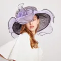 Elegant purple organza sun hat for women with black lace and wide brim for summer travel style - Adjustable / Light Purple