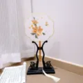 Traditional Chinese embroidered round fan with stand, elegant tassel and floral design for Hanfu. - 16