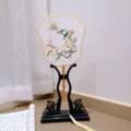 Handheld Chinese style embroidered round fan with wooden stand, traditional decor and photo prop. - 12