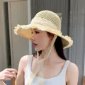 Women's straw sun hat summer beach lace-trim braided sun protection hat with straps - Lace-Trim Tie Straw Hat / Beige