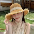 Women summer straw sun hat with white lace trim and ties for beach travel outdoor sun protection. - Lace-Trim Tie Straw Hat / Khaki