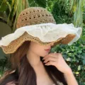 Women summer straw hat with lace ruffle brim, elegant beach sun protection hat for travel. - Pearl Lace Straw Hat / Khaki