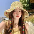 Women's straw sun hat with colorful beads and long strap ties, beach travel headwear. - Colorful Beads Straw Hat / Coffee