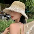 Women summer straw hat with lace brim sun protection for beach vacation and outdoor travel - Lace Flower Straw Hat / Beige