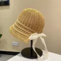 Women's stylish straw sun hat with lace ribbon, summer beach anti-uv woven bucket basin hat. - Hollow Bucket Hat / Coffee (Tiger Eye Texture)