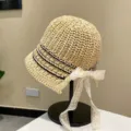 Women summer straw hat lace ribbon beach sunhat uv protection sun protection cap variant - Hollow Bucket Hat / Beige