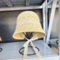 Women summer straw hat lace ribbon bucket hat beach sun protection casual sunshade hat - Tie Bucket Hat / Beige
