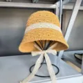 Women summer straw sun hat with lace bow ribbon, stylish beach vacation sunshade sunhat. - Tie Bucket Hat / Khaki