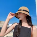 Summer straw bucket hat for women beach sun protection hat stylish braided sunhat with letter - M Logo Bucket Hat / Coffee (Tiger Eye Texture)