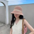 Women summer knit straw bucket hat in pink brown with stripe variant, casual sun beach cap. - M Logo Bucket Hat / Pink