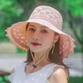 Pink lace brim braided sun hat for women summer beach travel stylish windproof strap hat - Peony Hollow Knit Hat / Pink