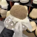 Women Summer Straw Sun Hat with Lace Bow Beach Sunshade Hat in Brown Variant Style - Double-Sided Lace Beaded Hat / Khaki