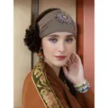Fascia Bohemien Turban Fiori Perlati Cerchietto per Capelli Kaki Ampio Donna - Taglia unica / Ricamo a due fiori — caffè