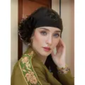 Turbante nero con perline boho fascia per capelli elastica per yoga corsa lavaggio viso - Taglia unica / Ricamo a due fiori – Nero