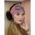 Fascia larga bohémien da donna, elegante turbante con perline, accessorio per capelli elastico. - Taglia unica / Ricamo a due fiori – Rosa coreano