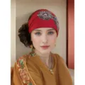 Fascia per capelli rossa larga in stile bohémien con ricamo di fiori di paillettes, accessorio. - Taglia unica / Ricamo a due fiori – Rosso vino