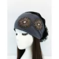 Fascia per capelli in maglia waffle grigia con ricamo floreale perline e pizzo. - Taglia unica / Ricamo a due fiori – Grigio