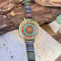 Montre femme quartz style ethnique bohème avec cadran mandala coloré et bracelet en tissu. - Vert foncé