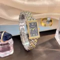 Damen Vintage rechteckige Quarzuhr mit Blasenarmband Luxus Armbanduhr für den Alltag - Zweifarbig Gold Schwarz