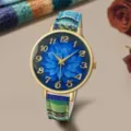 Vintage bohemian style women quartz watch with blue floral dial and colorful woven canvas strap. - Blue Floral Print