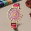 Women bohemian quartz watch with colorful canvas strap and mandala dial variant - Red Floral