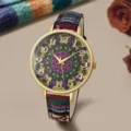 Retro boho quartz watch for women featuring colorful canvas strap and classic numerals. - Colorful Floral