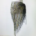 Sciarpa da fianco per danza del ventre in rete nera con paillettes dorate e frange per spettacoli. - nero e oro