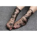 Sheer black mesh slouch socks with polka dots and snowflake patterns, thin Japanese style mid-tube. - Tube Height 48cm / Black Snowflake