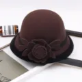 Korean style brown woolen dome cloche hat for women with black plush brim and 3D fabric flower decor. - M (56-58cm) / Edged Rose-Coffee