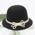 Women black dome felt hat with white ribbon bow elegant autumn winter fashion bowler cap - M (56-58cm) / Small Bow Black Hat with White Knot